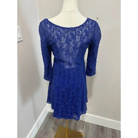 Free People Lace Bell Sleeve Mini Dress Royal Blue Flared Fit size S - Picture 3 of 9
